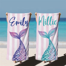Load image into Gallery viewer, Mermaid Tail Custom Name Beach Towel Bachelorette Trip Party Favors Personalized Pool Bath Towel Mermaid Birthday Gift For Kids