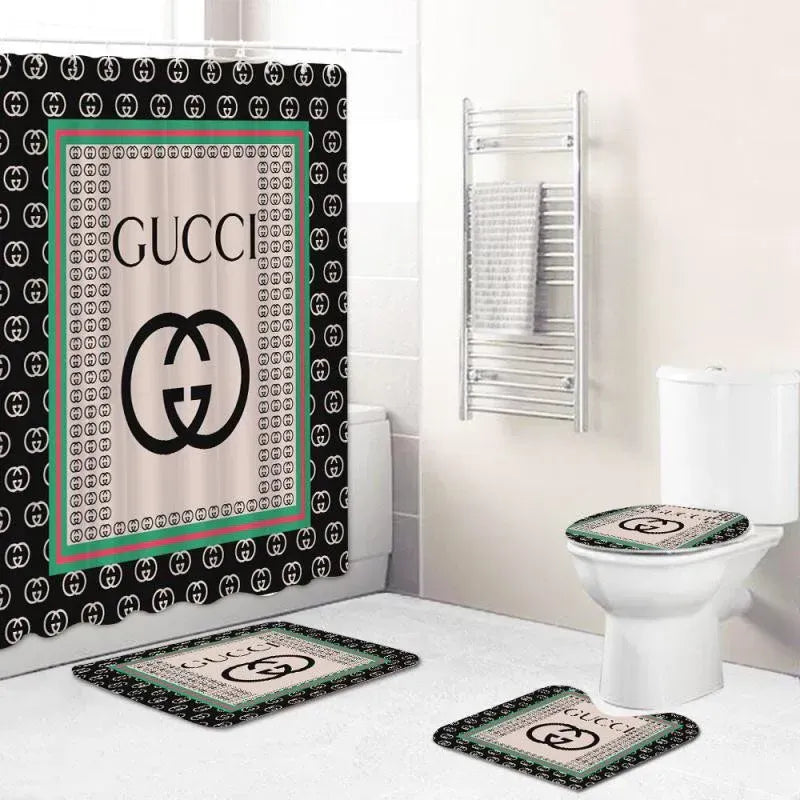 Beige and black gucci shower curtain bathroom set