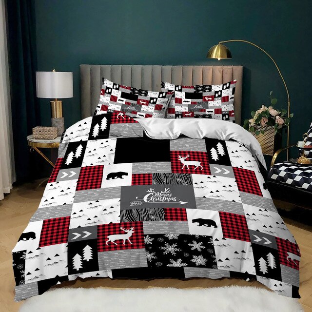 Red Black Plaid Patchwork Christmas bed set MY luxurious home
