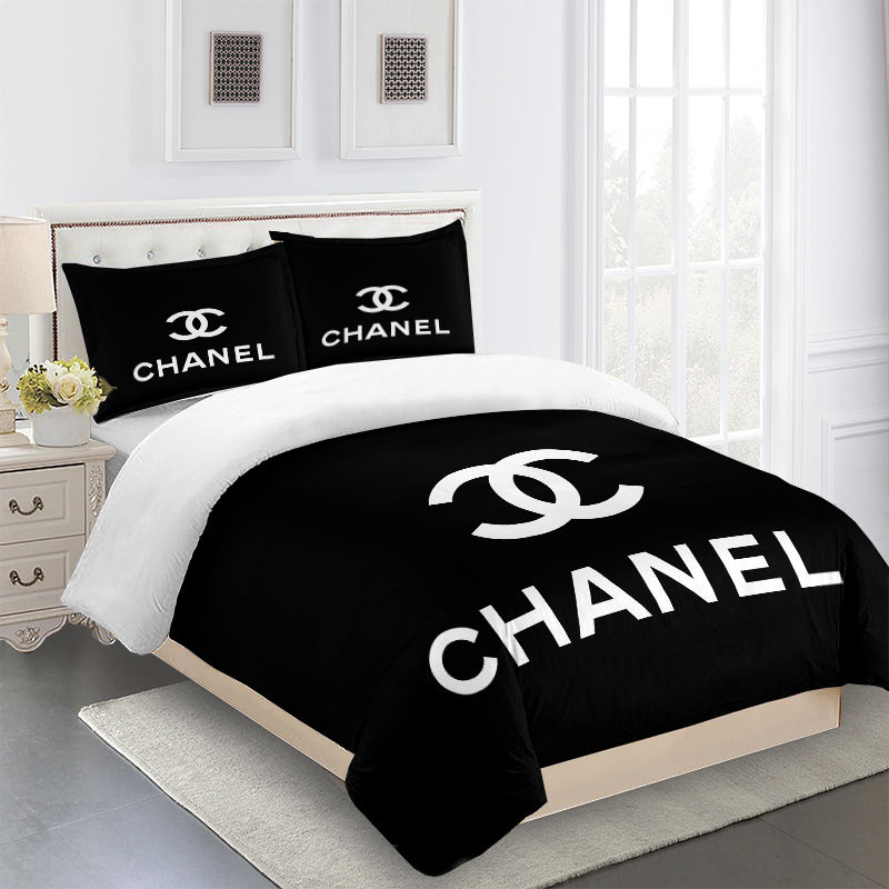 Dark black and white chanel comforter set