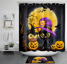 Load image into Gallery viewer, Full Moon Black Cat Pumpkin Halloween Shower Curtain