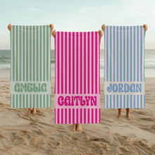 Load image into Gallery viewer, Personalized Striped Beach Towel Name Retro
