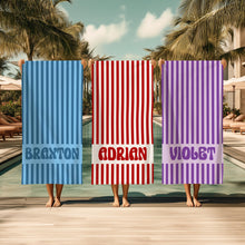 Load image into Gallery viewer, Personalized Striped Beach Towel Name Retro
