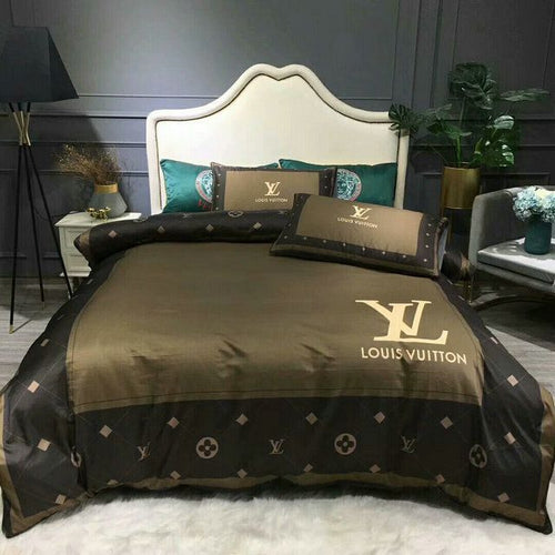 Luxury Louis Vuitton Green Logo In Brown Background Bedding Set