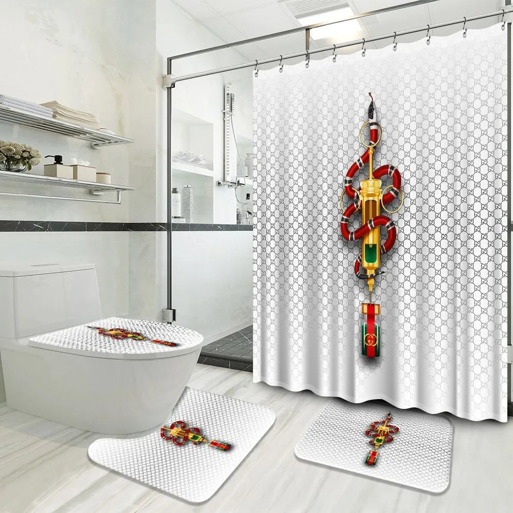 Luxury Snake White Background Gucci Shower Curtain