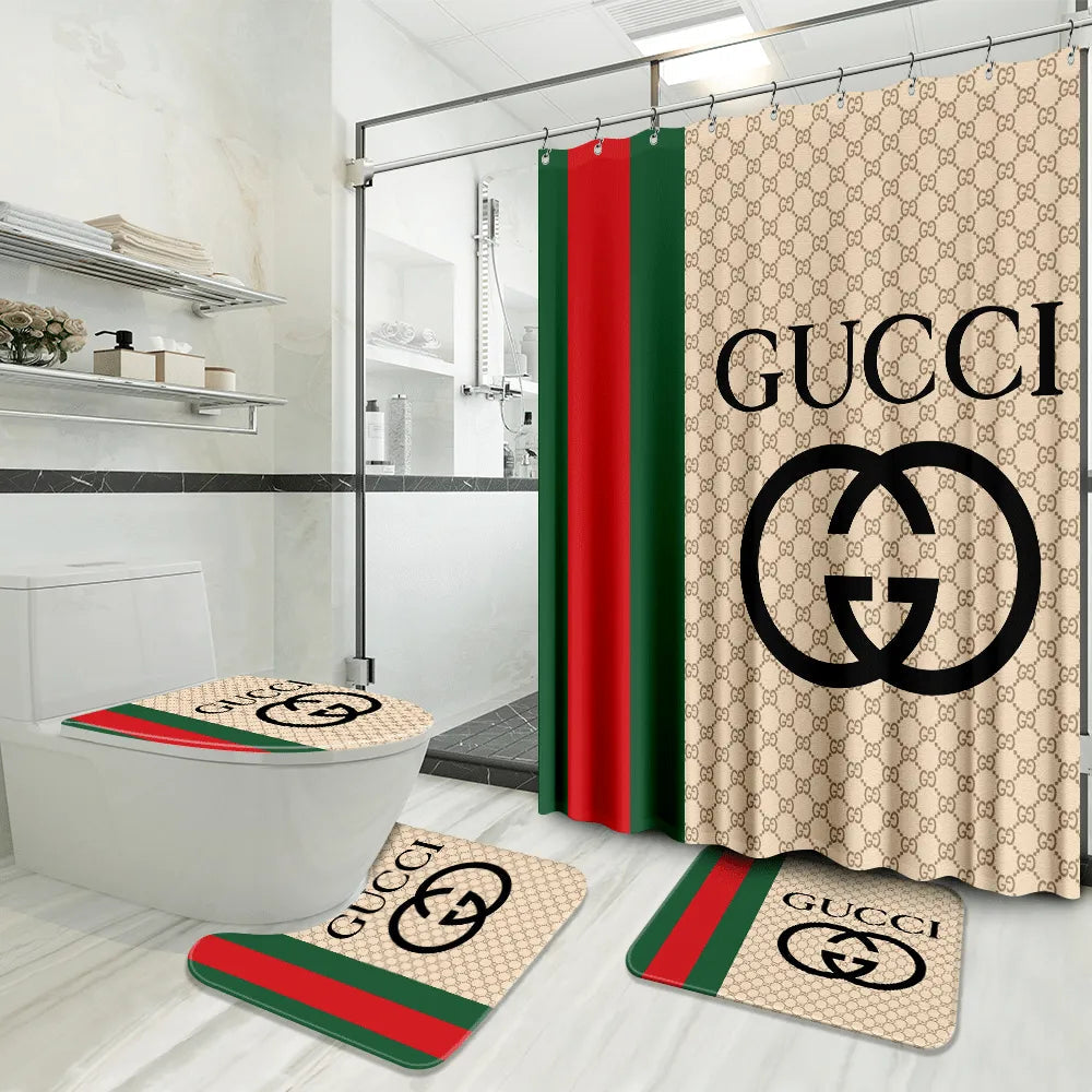 Beige Green Red Gucci Shower Curtain
