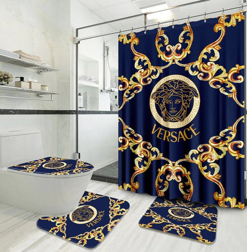 Gold Blue Versace Shower Curtain Set