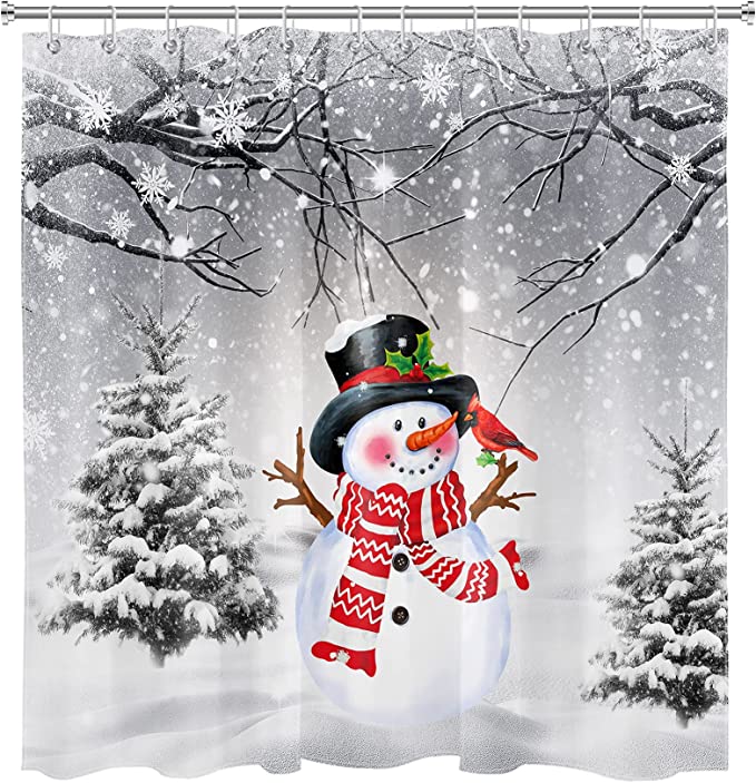 Winter Snowman in Snowy Forest Shower Curtain