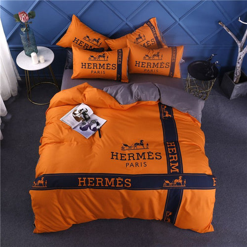 Orange and dark blue Hermes bedding set