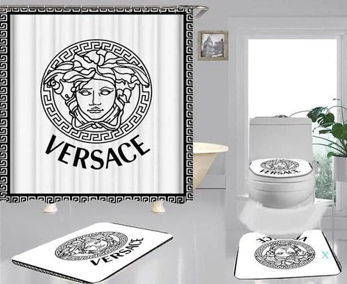 Versace Pattern Text White Black Background Bathroom Accessories Set