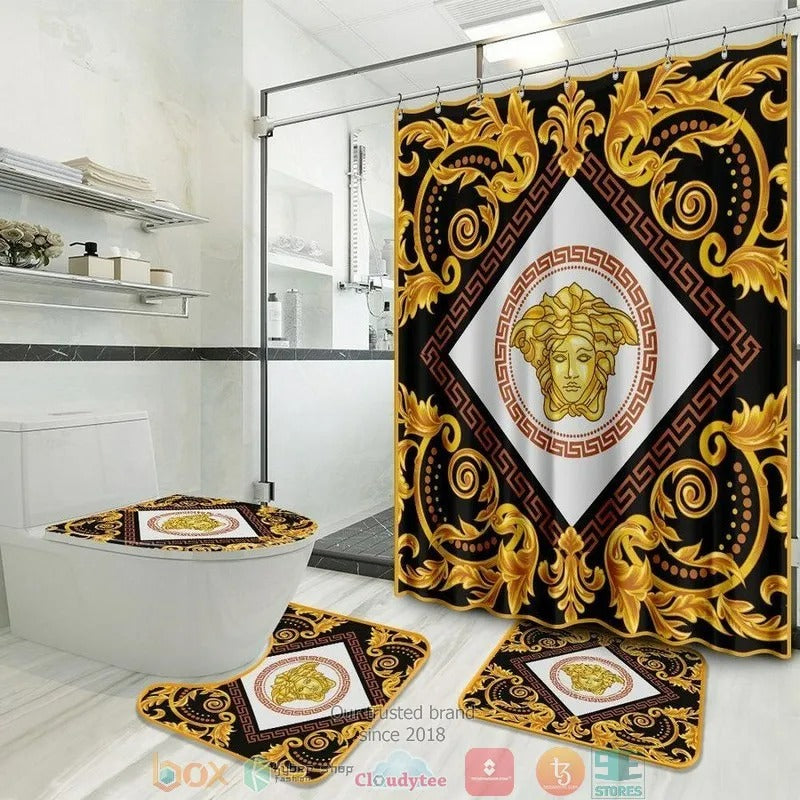 Versace Detailed Gold Pattern Curtain Bathroom Set
