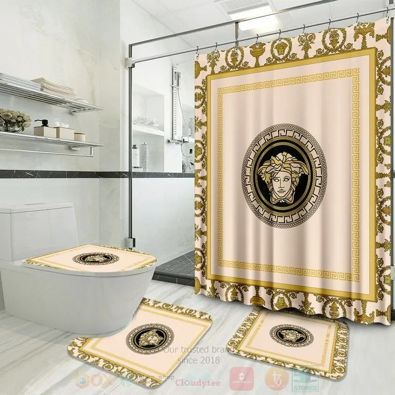 Versace White Yellow Pattern Shower Curtain Bathroom Set