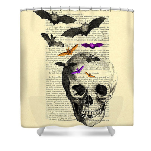 Black Skull And Bats On A Dictionary Page Halloween Shower Curtain