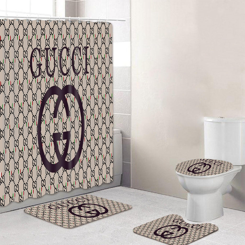 Beige and black gucci shower curtain