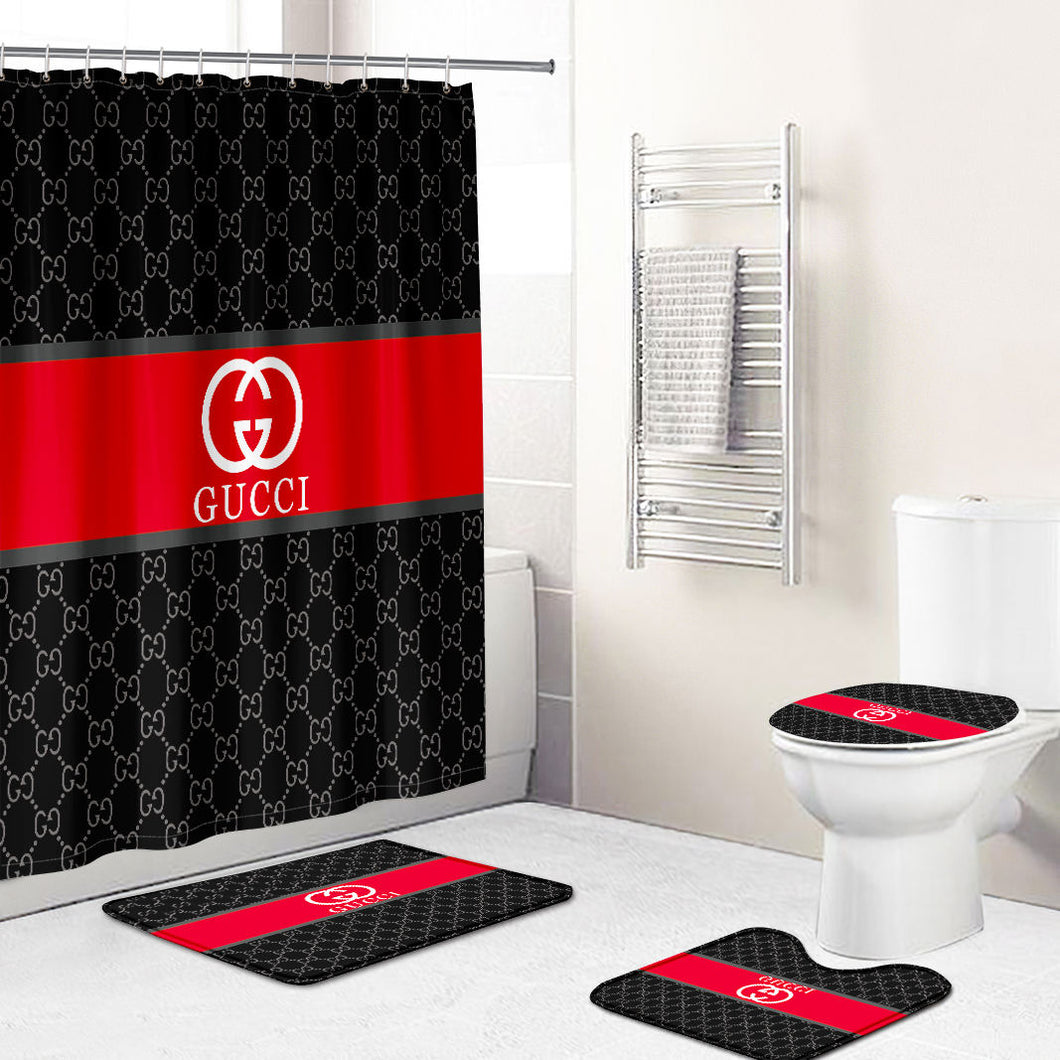 Red and black gucci shower curtain