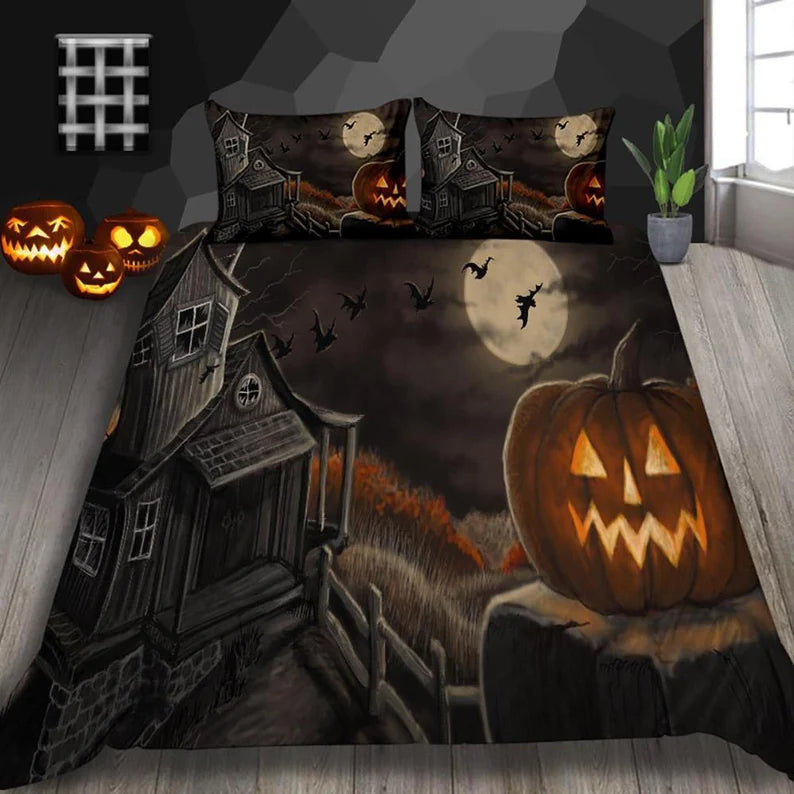 Vintage haunted house pumpkin Halloween bed set