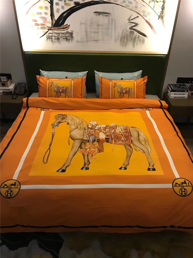Horse Orange Background Hermes bed set