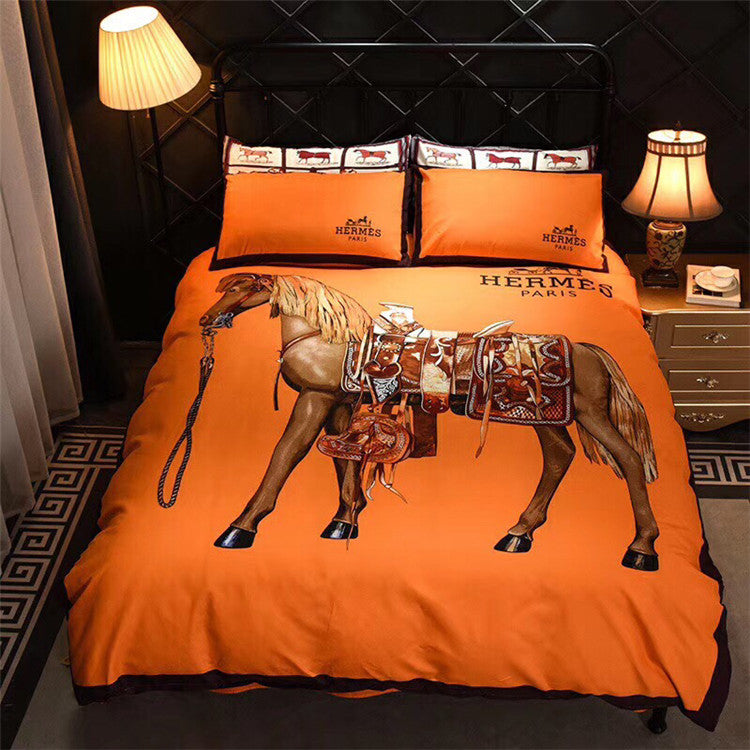 Horse Orange Background Paris Hermes bed set