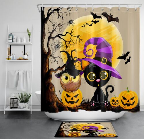 Bat Witch Hat Owl Cat Pumpkin Halloween Shower Curtain
