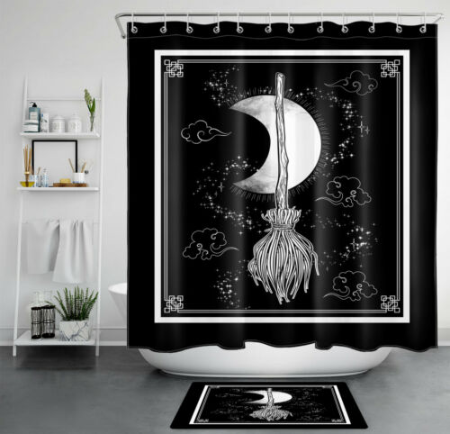 Black Witch Magic Broom Halloween Shower Curtain