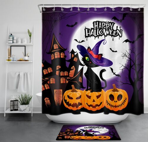 Horror Castle Pumpkin Black Cat Halloween Shower Curtain