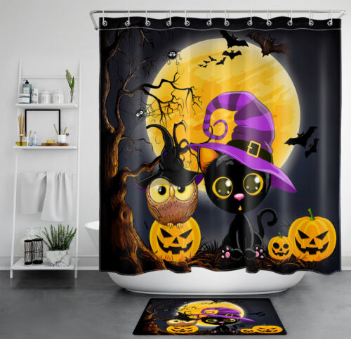 Full Moon Black Cat Pumpkin Halloween Shower Curtain