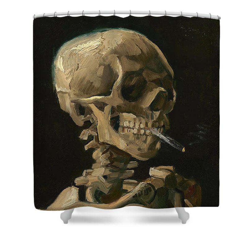 Skull of a Skeleton with Burning Cigarette Halloween Shower Curtain