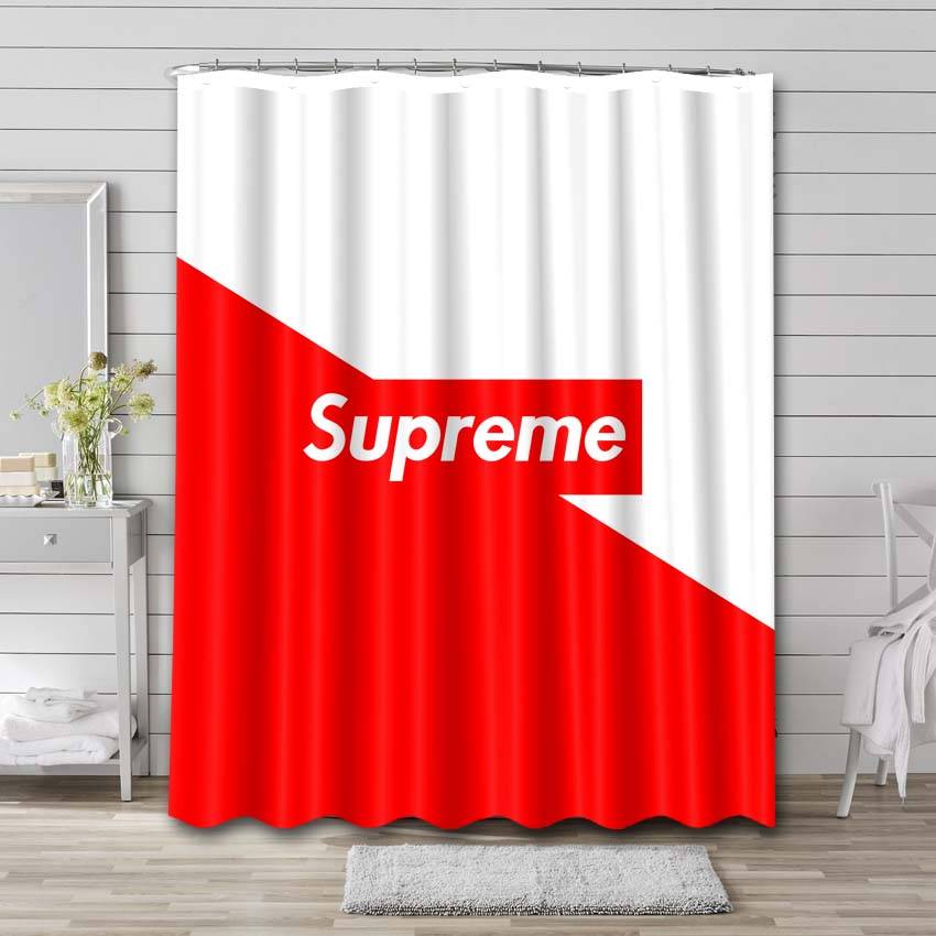 White and Red Logo Supreme Shower Curtain Set
